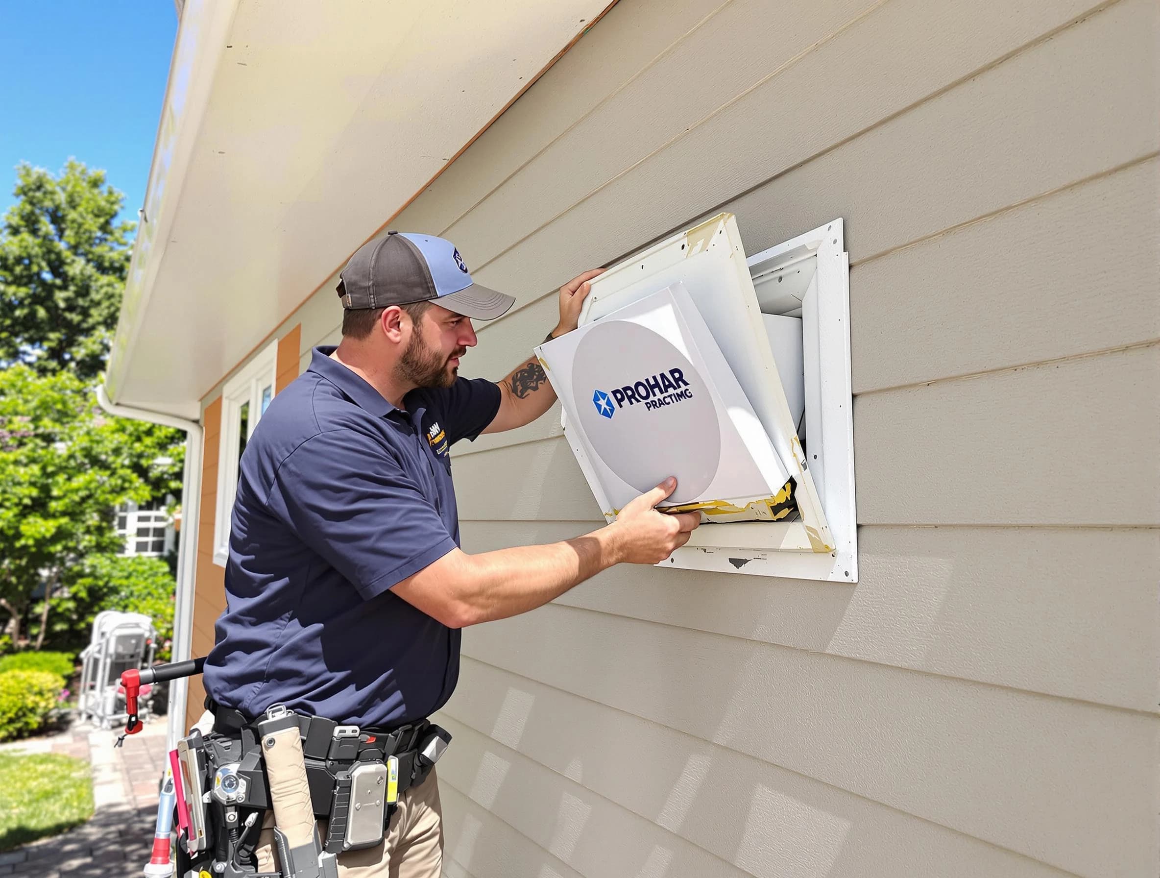 El Cerro Mission Dryer Vent Cleaning technician installing a new protective dryer vent cover on a home in El Cerro Mission