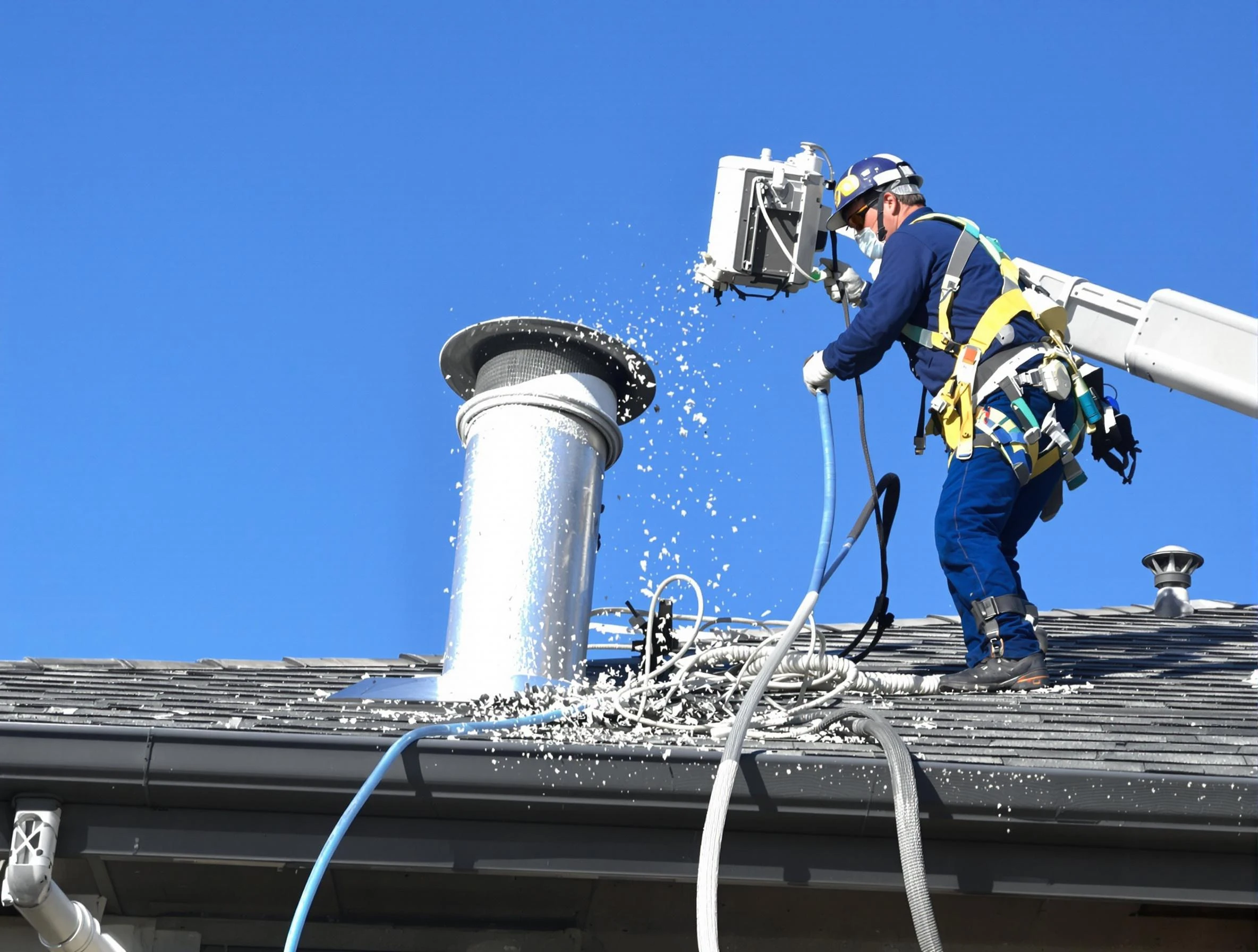 El Cerro Mission Dryer Vent Cleaning certified technician safely cleaning a roof-mounted dryer vent in El Cerro Mission